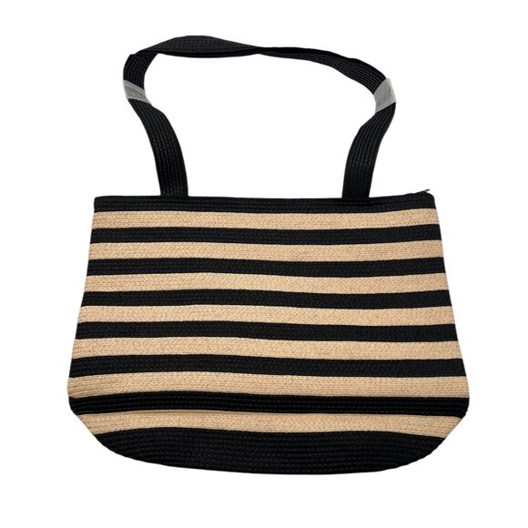 Denim&Co Handbags - Denim & Co. Beach Bag w/ Zipper Straw Stripes Coastal Lined Vacation Travel